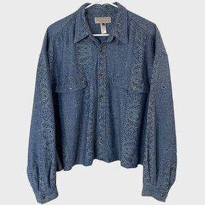 Cropped Upcycled Button-Up Shirt Women's Large Blue Paisley Pattern Long-Sleeve